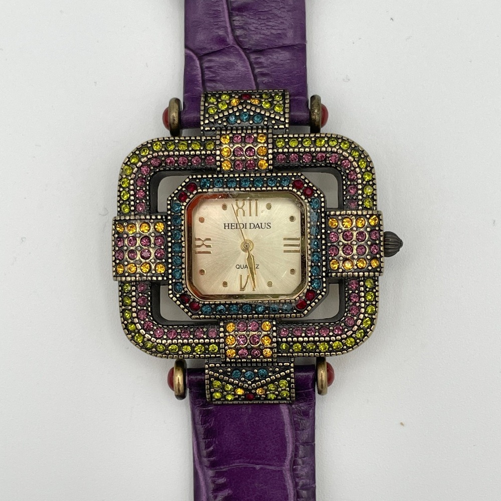 Heidi Daus Leather Purple Art Deco Swarovski Crystal Watch B7978 New Battery - Picture 2 of 7
